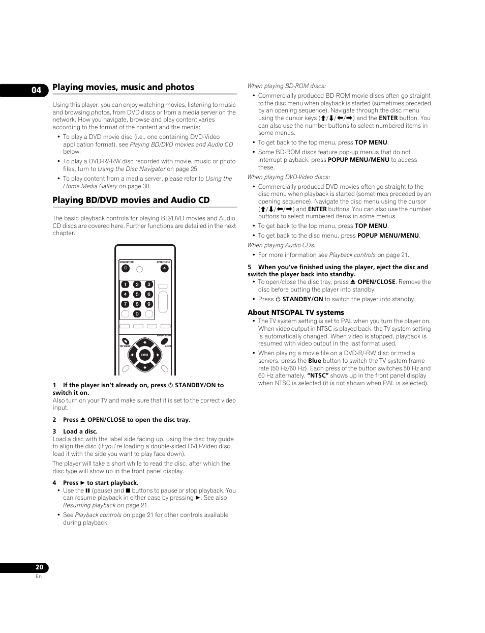 Playing movies, music and photos, Playing bd/dvd movies and audio cd | Pioneer BDP-LX70A User Manual | Page 20 / 64