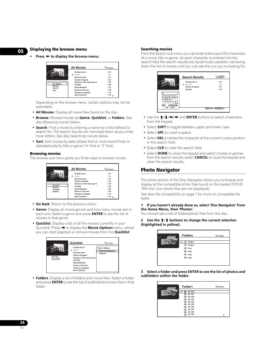 Photo navigator, Displaying the browse menu, Browsing movies | Searching movies | Pioneer BDP-LX70A User Manual | Page 26 / 64