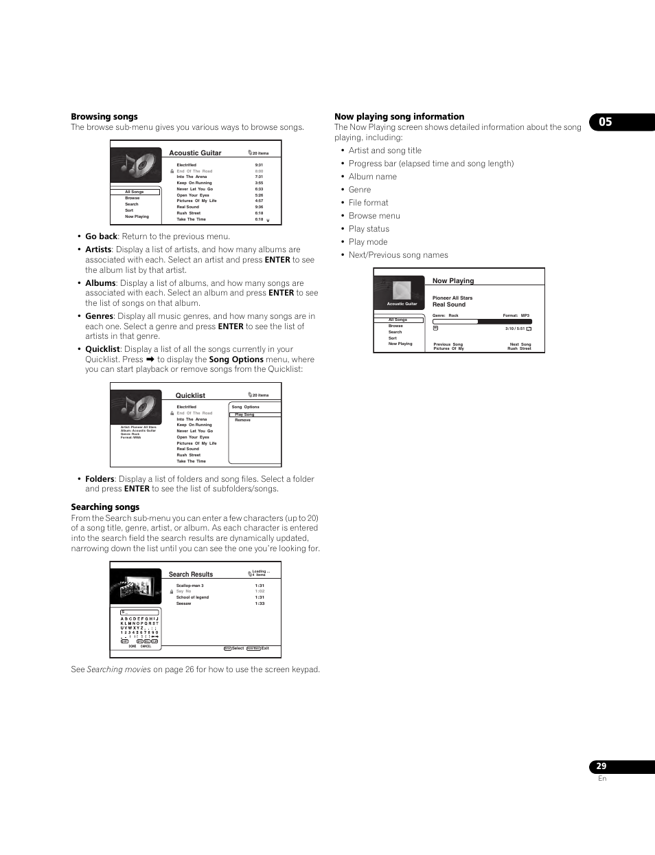 Browsing songs, Searching songs, Now playing song information | Pioneer BDP-LX70A User Manual | Page 29 / 64