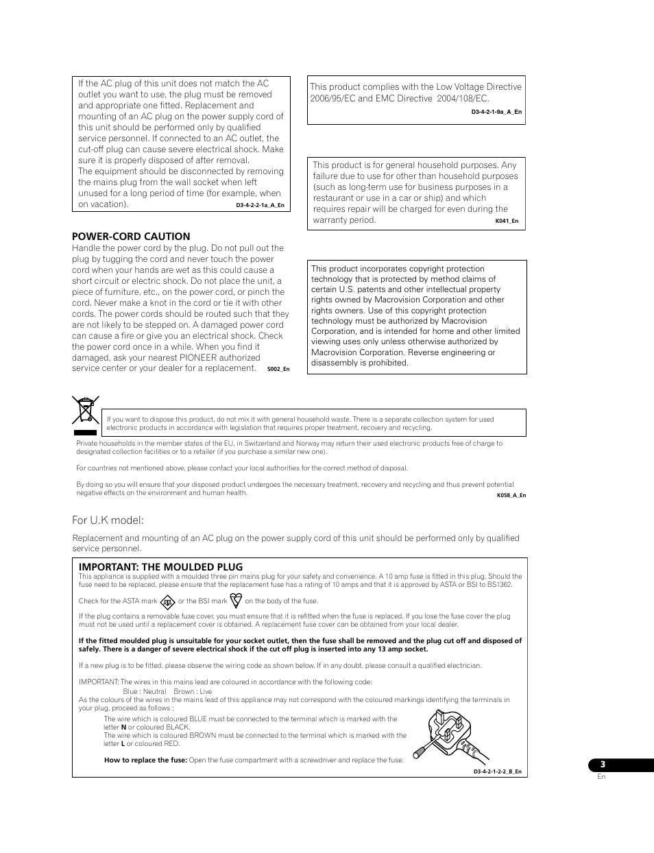 For u.k model, Important: the moulded plug, Power-cord caution | Pioneer BDP-LX70A User Manual | Page 3 / 64