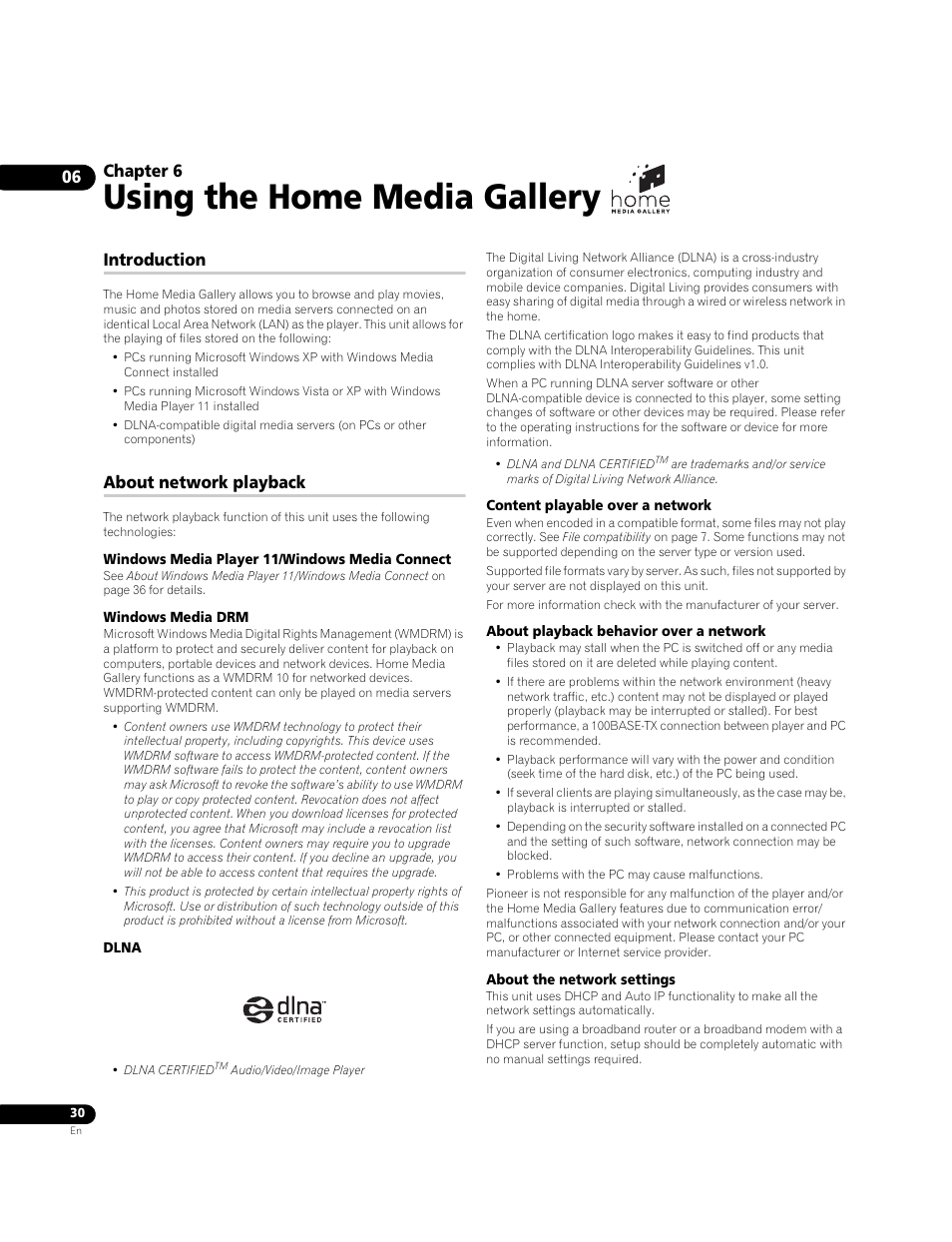 06 using the home media gallery, Introduction, About network playback | Using the home media gallery, Chapter 6 | Pioneer BDP-LX70A User Manual | Page 30 / 64