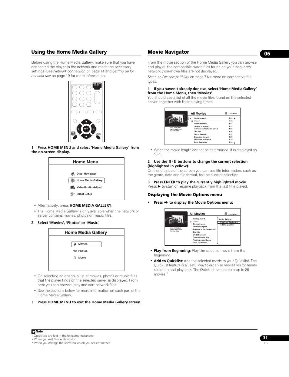 Using the home media gallery, Movie navigator, Displaying the movie options menu | Home menu, Home media gallery | Pioneer BDP-LX70A User Manual | Page 31 / 64