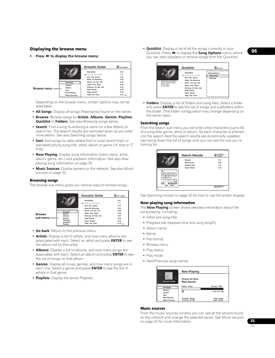 Displaying the browse menu, Browsing songs, Searching songs | Now playing song information, Music sources | Pioneer BDP-LX70A User Manual | Page 35 / 64