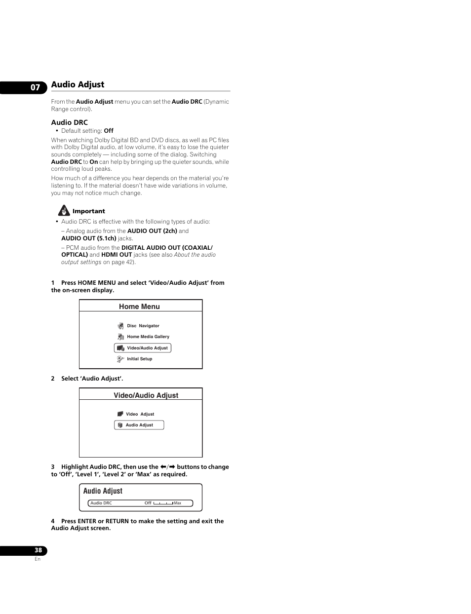 Audio adjust | Pioneer BDP-LX70A User Manual | Page 38 / 64