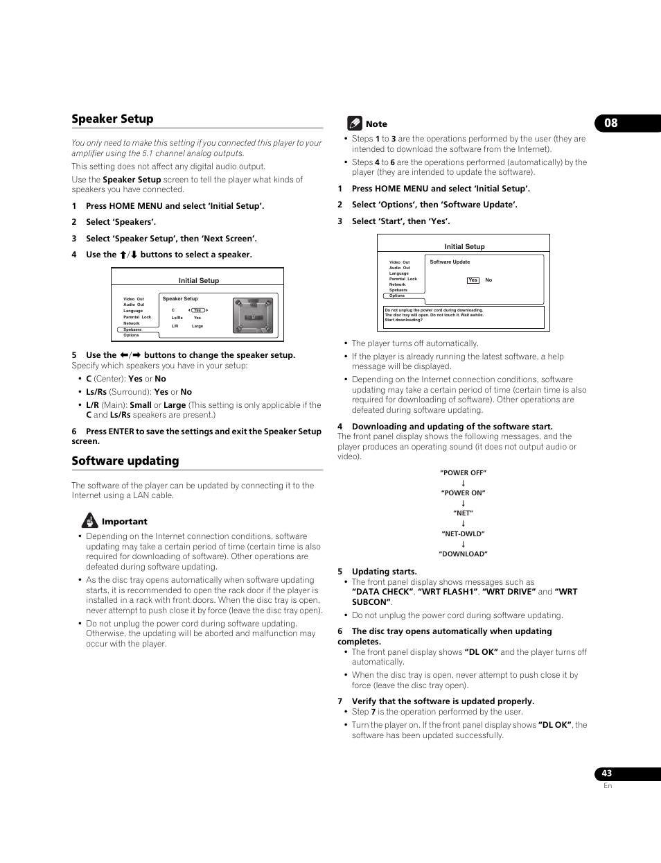 Speaker setup, Software updating | Pioneer BDP-LX70A User Manual | Page 43 / 64