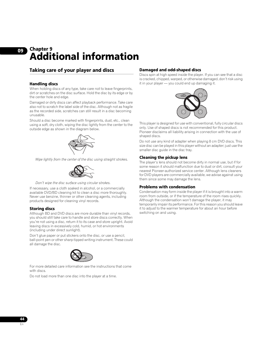 09 additional information, Taking care of your player and discs, Additional information | Pioneer BDP-LX70A User Manual | Page 44 / 64