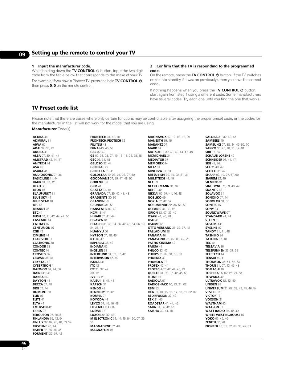 Setting up the remote to control your tv, Tv preset code list | Pioneer BDP-LX70A User Manual | Page 46 / 64