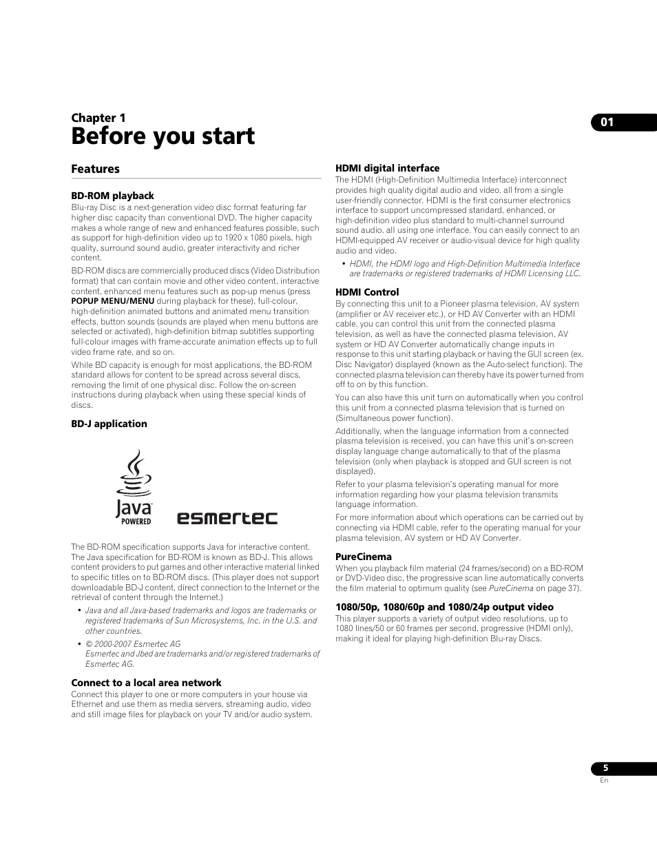 01 before you start, Features, Before you start | Pioneer BDP-LX70A User Manual | Page 5 / 64