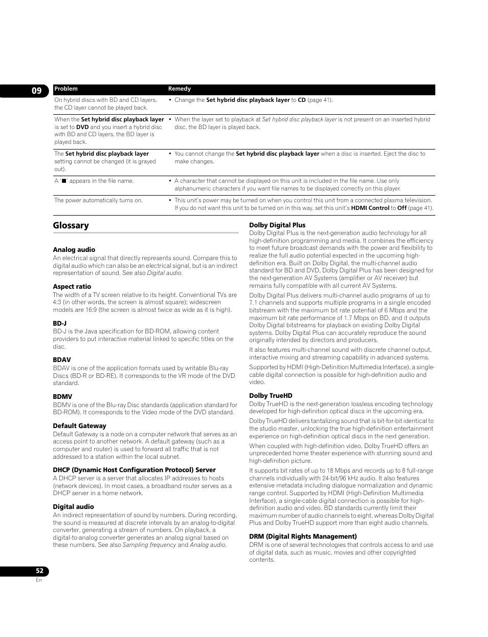 Glossary | Pioneer BDP-LX70A User Manual | Page 52 / 64