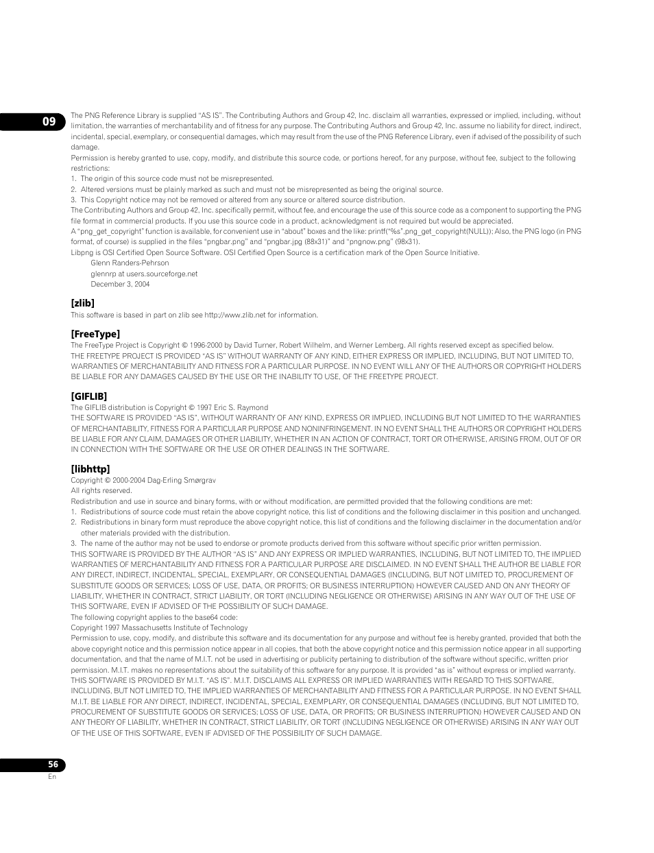 Zlib, Freetype, Giflib | Pioneer BDP-LX70A User Manual | Page 56 / 64