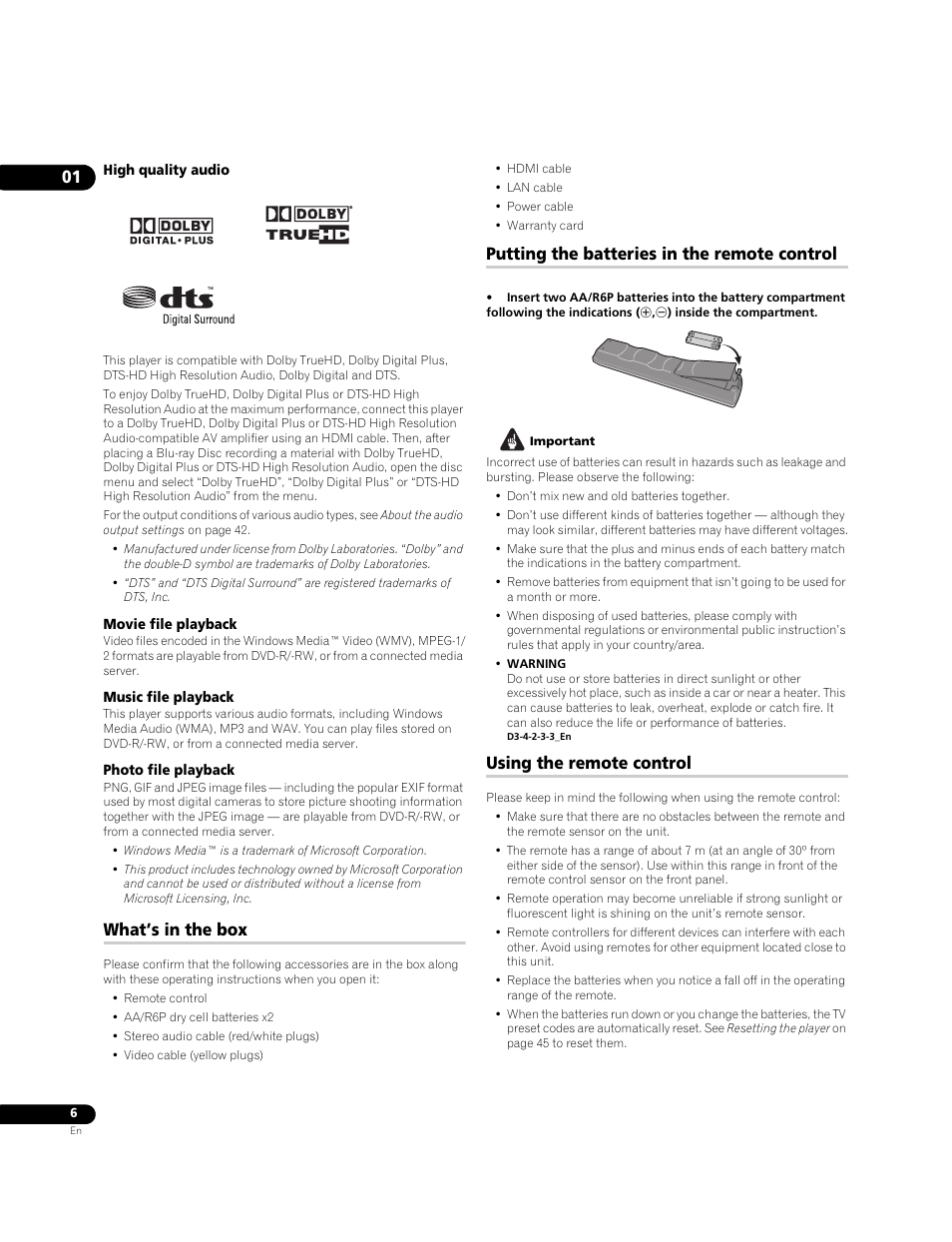 What’s in the box, Putting the batteries in the remote control, Using the remote control | Pioneer BDP-LX70A User Manual | Page 6 / 64