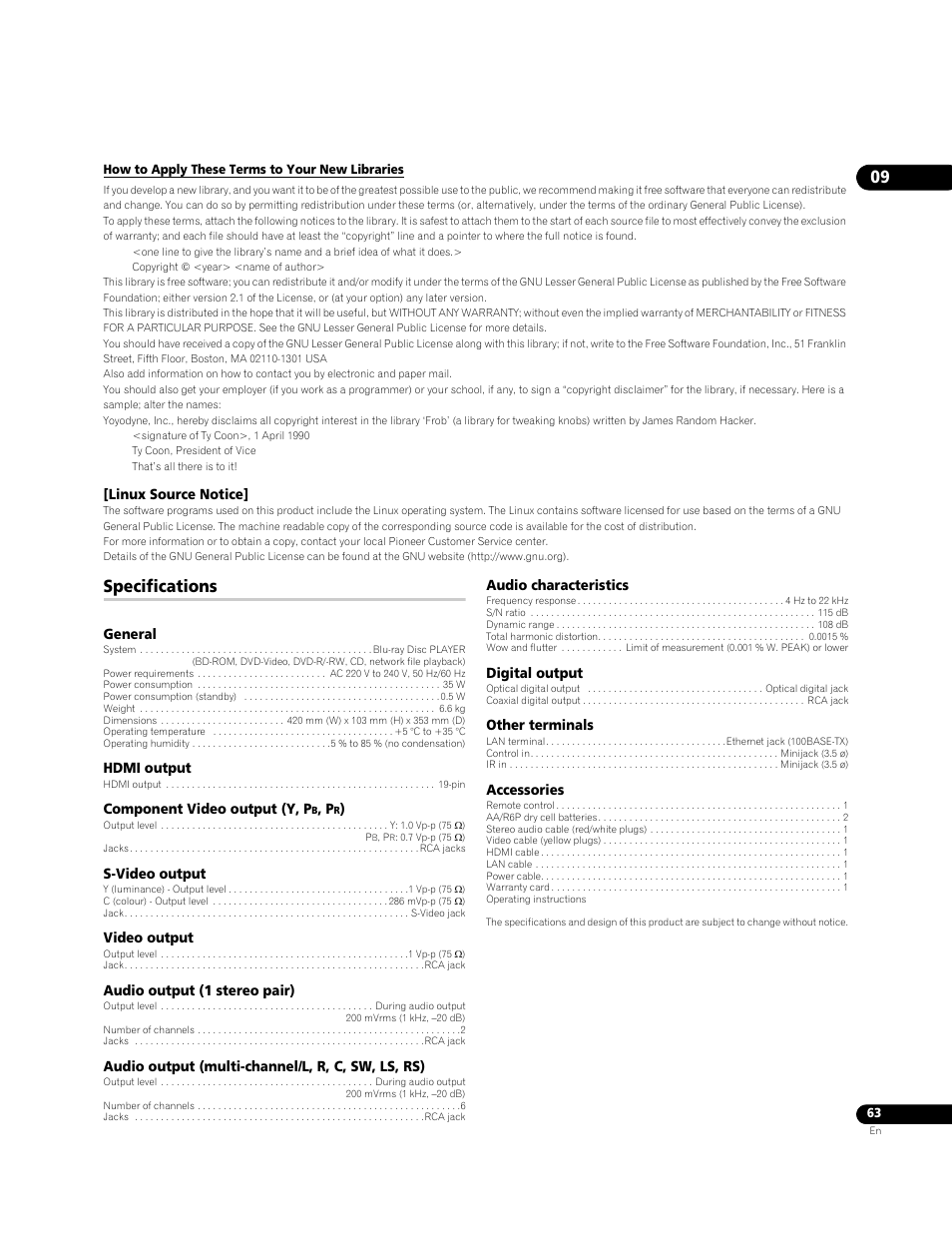 Specifications | Pioneer BDP-LX70A User Manual | Page 63 / 64