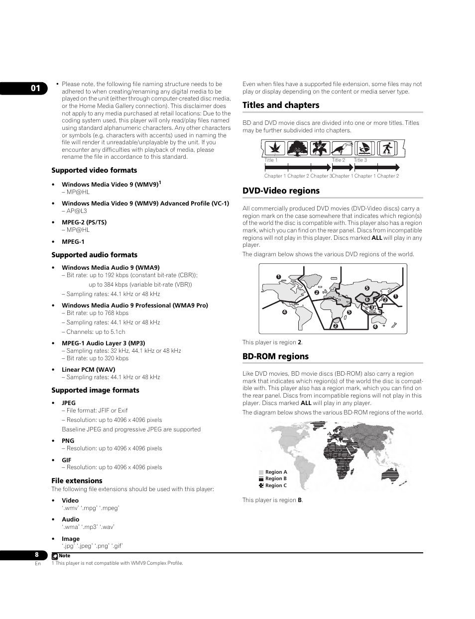 Titles and chapters, Dvd-video regions, Bd-rom regions | Pioneer BDP-LX70A User Manual | Page 8 / 64