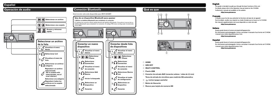 Español, Operación de audio, Conexión bluetooth | Qué es que, Seleccionar un archivo de la lista 2, Conectar un nuevo dispositivo, Conectar desde lista de dispositivos | Pioneer MVH-8200 User Manual | Page 8 / 8