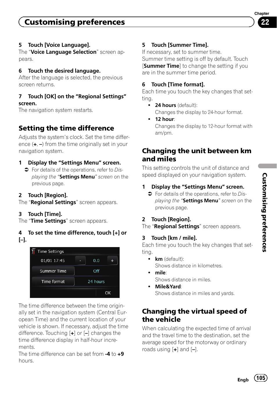 Setting the time difference 105, Changing the unit between km and, Miles | Changing the virtual speed of the, Vehicle, Customising preferences, Setting the time difference, Changing the unit between km and miles, Changing the virtual speed of the vehicle | Pioneer AVIC-F3210BT User Manual | Page 105 / 148