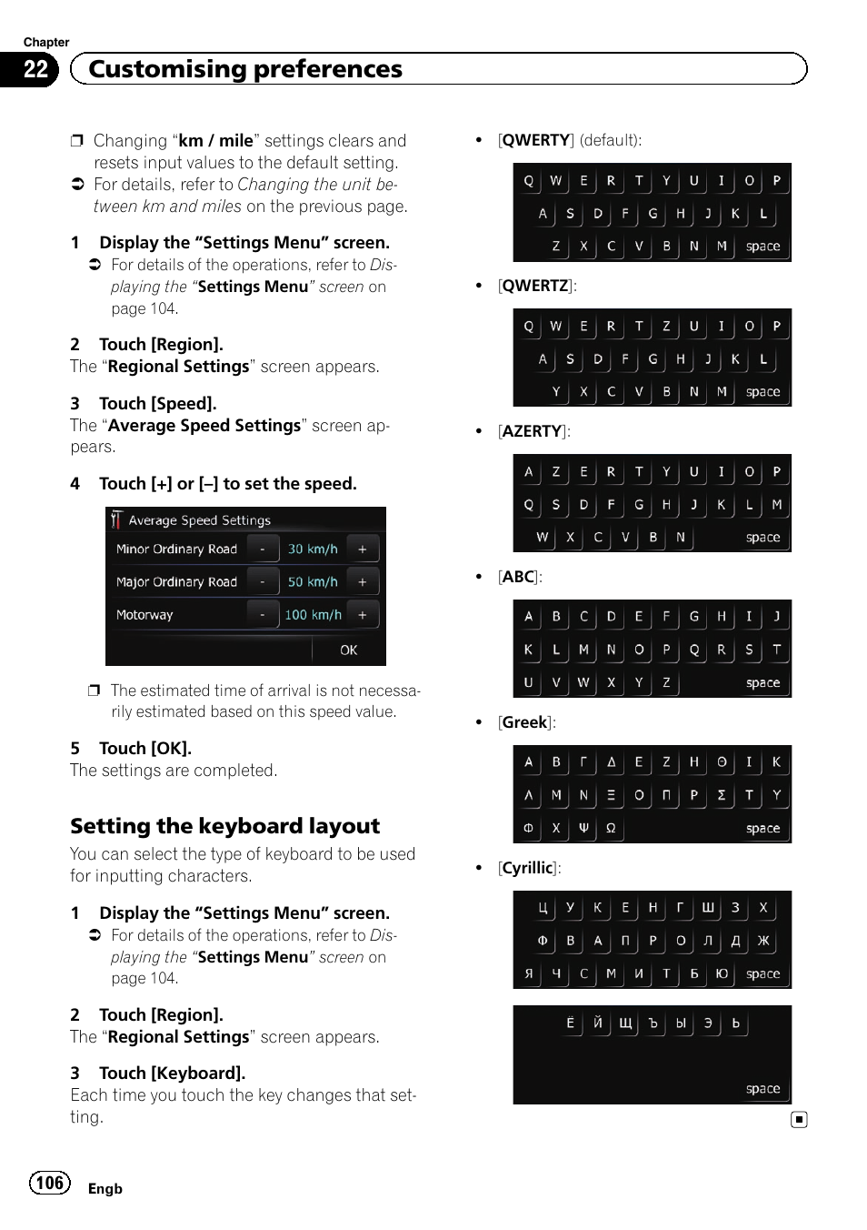 Setting the keyboard layout 106, 22 customising preferences, Setting the keyboard layout | Pioneer AVIC-F3210BT User Manual | Page 106 / 148