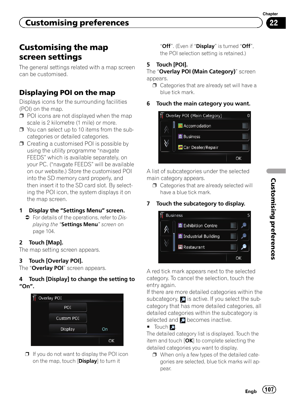 Customising the map screen settings, Displaying poi on the map 107, Displaying poi on the | Customising preferences, Displaying poi on the map | Pioneer AVIC-F3210BT User Manual | Page 107 / 148