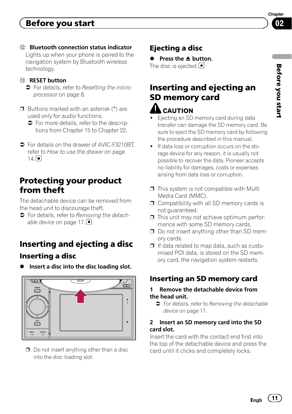 Protecting your product from theft, Inserting and ejecting a disc, Inserting a disc 11 | Ejecting a disc 11, Inserting and ejecting an sd memory, Card, Inserting an sd memory card 11, Before you start | Pioneer AVIC-F3210BT User Manual | Page 11 / 148