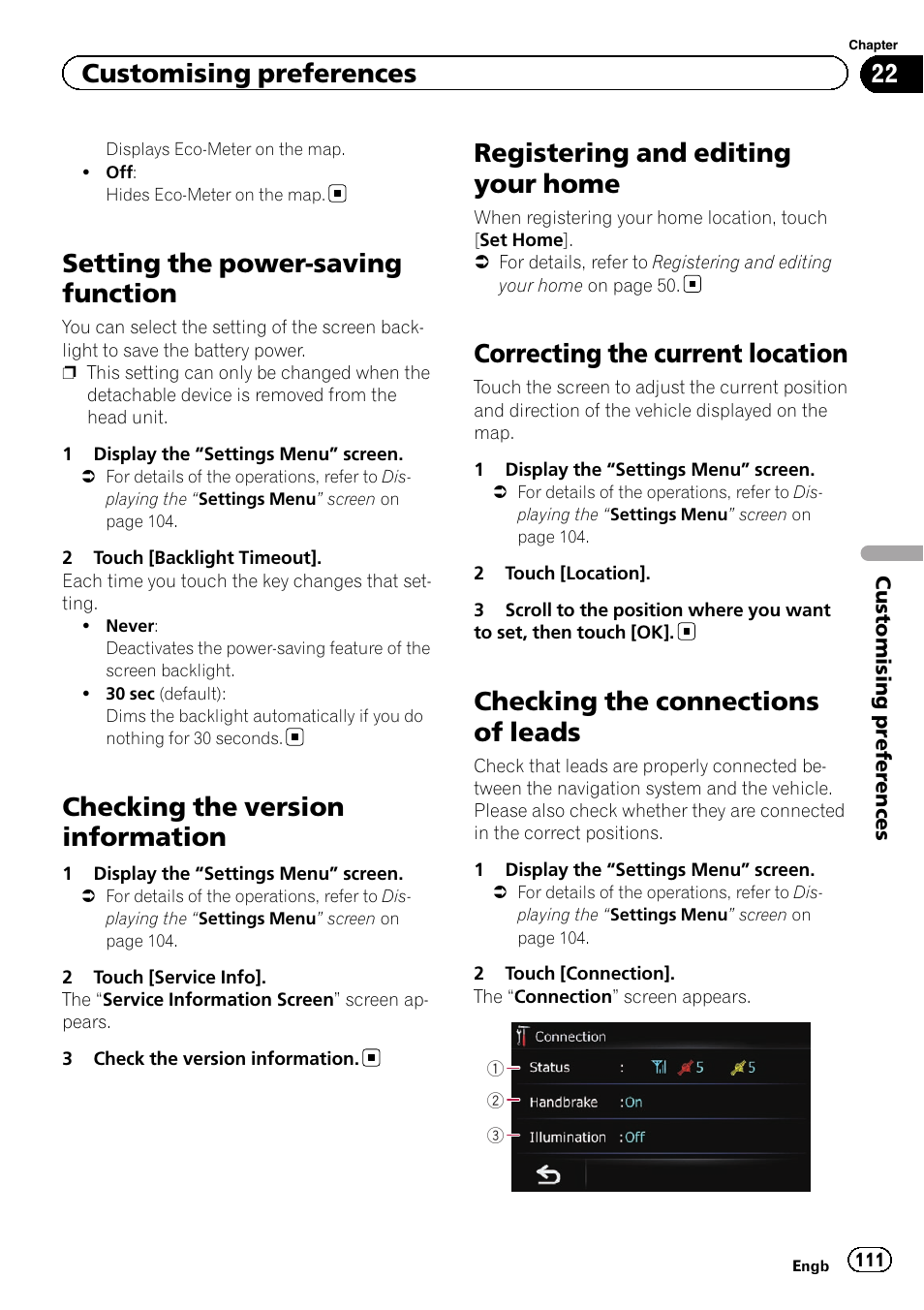 Setting the power-saving function, Checking the version information, Registering and editing your home | Correcting the current location, Checking the connections of leads, Setting the power, Customising preferences | Pioneer AVIC-F3210BT User Manual | Page 111 / 148