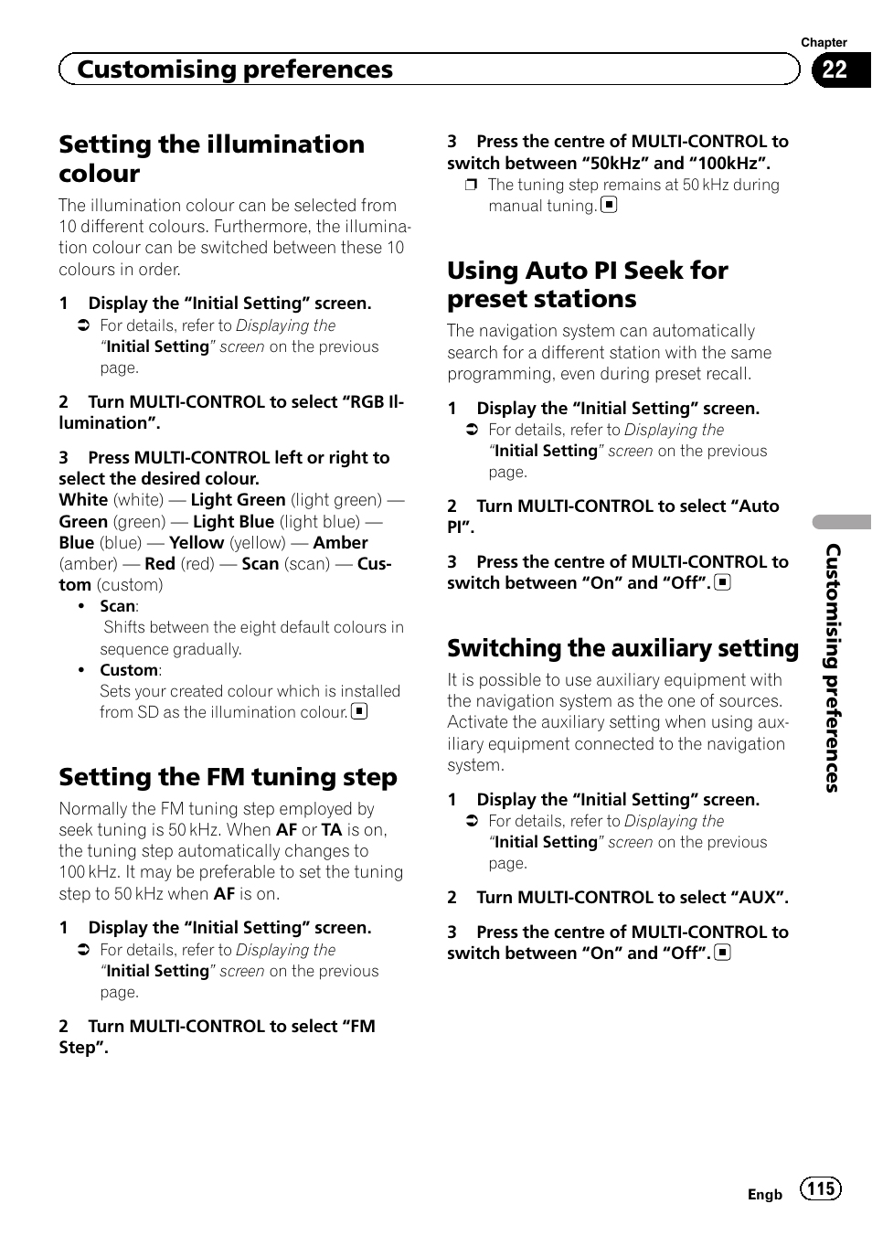 Setting the illumination colour, Setting the fm tuning step, Using auto pi seek for preset stations | Switching the auxiliary setting, Using auto pi seek for, Switching the auxiliary, Customising preferences | Pioneer AVIC-F3210BT User Manual | Page 115 / 148