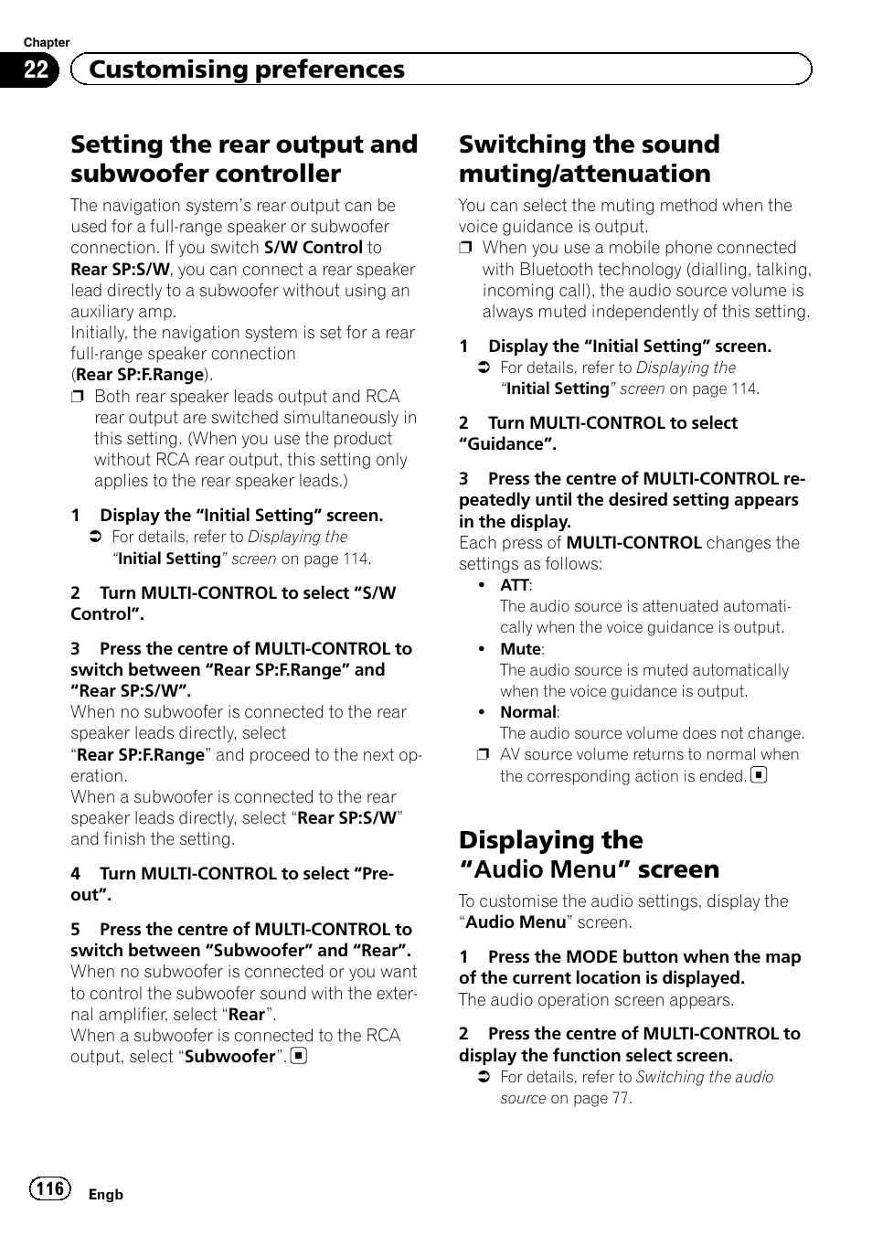Setting the rear output and subwoofer, Controller, Switching the sound muting | Attenuation, Displaying the, Audio menu” screen 116, Setting the rear output and subwoofer controller, Switching the sound muting/attenuation, Displaying the “audio menu” screen, 22 customising preferences | Pioneer AVIC-F3210BT User Manual | Page 116 / 148