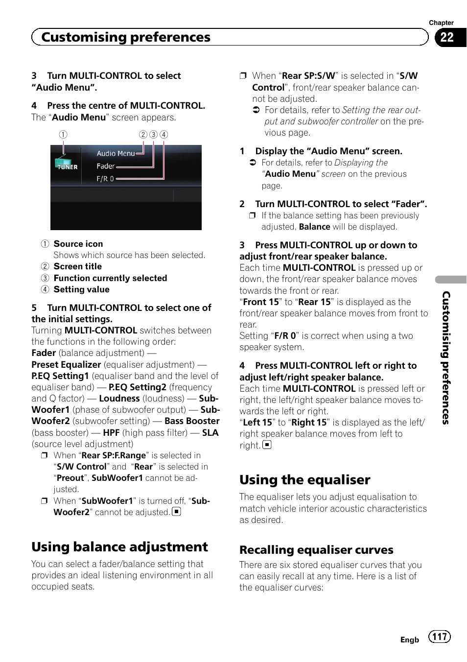 Using balance adjustment, Using the equaliser, Recalling equaliser curves 117 | Customising preferences, Recalling equaliser curves | Pioneer AVIC-F3210BT User Manual | Page 117 / 148