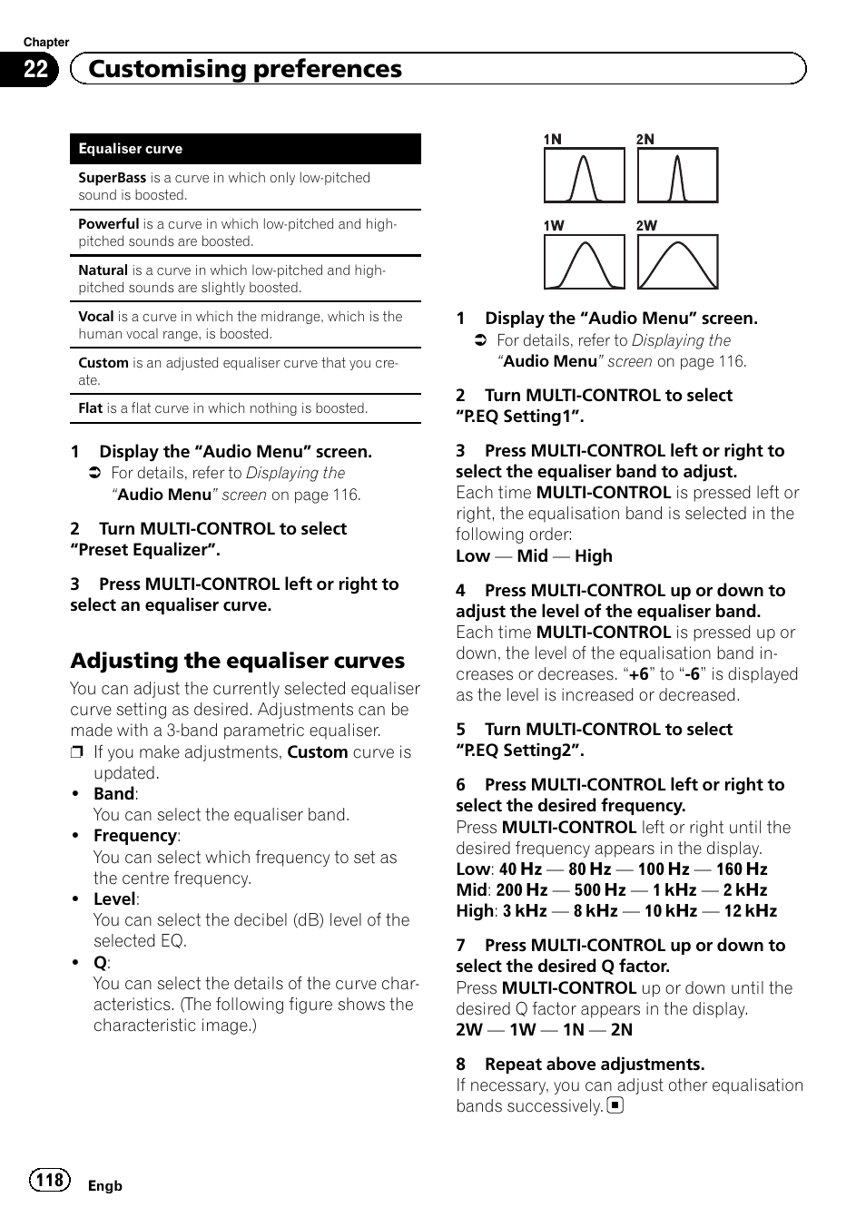 Adjusting the equaliser curves 118, 22 customising preferences, Adjusting the equaliser curves | Pioneer AVIC-F3210BT User Manual | Page 118 / 148