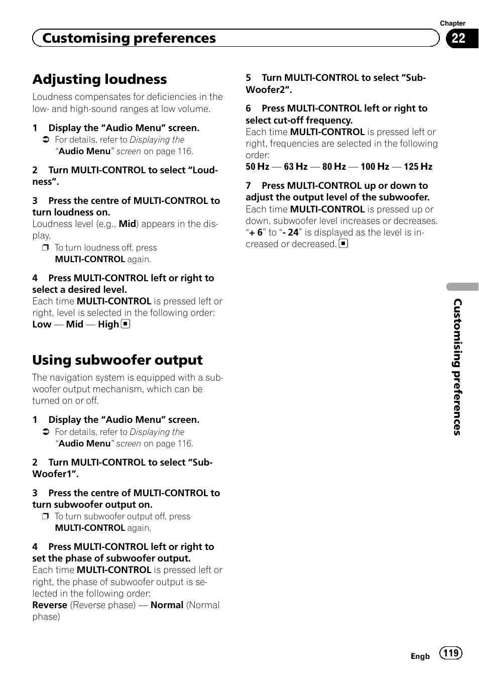 Adjusting loudness, Using subwoofer output, Customising preferences | Pioneer AVIC-F3210BT User Manual | Page 119 / 148