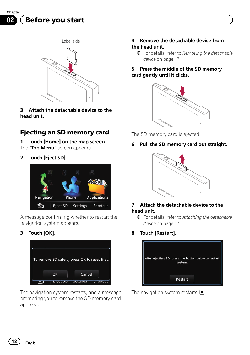 Ejecting an sd memory card 12, 02 before you start | Pioneer AVIC-F3210BT User Manual | Page 12 / 148