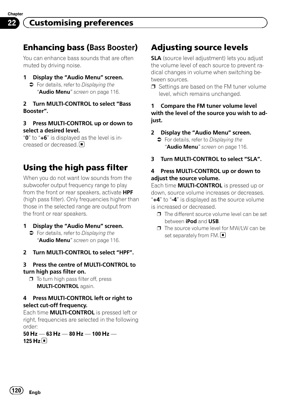 Enhancing bass (bass booster), Using the high pass filter, Adjusting source levels | 22 customising preferences | Pioneer AVIC-F3210BT User Manual | Page 120 / 148