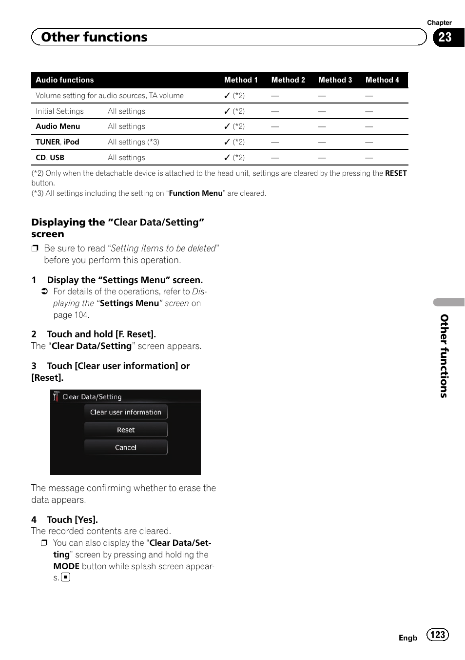 Displaying the “clear, Data/setting, Other functions | Pioneer AVIC-F3210BT User Manual | Page 123 / 148