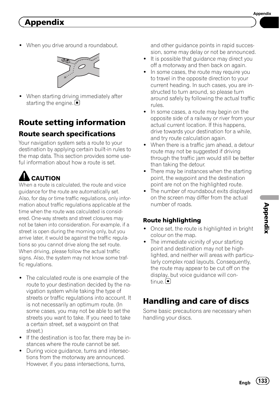 Route setting information, Route search specifications 133, Handling and care of discs | Appendix | Pioneer AVIC-F3210BT User Manual | Page 133 / 148