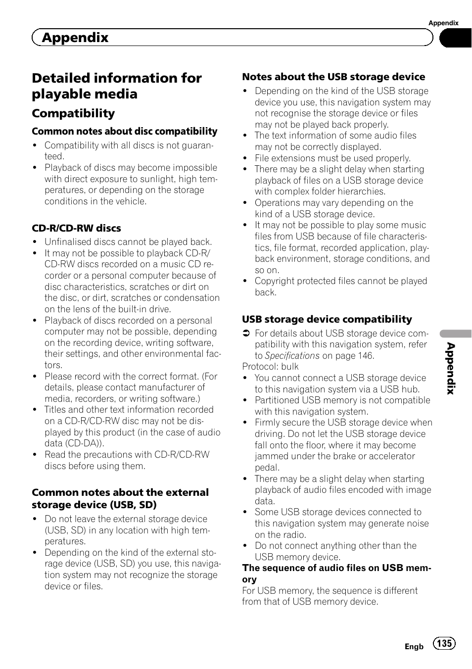 Detailed information for playable media, Compatibility 135, Appendix | Compatibility | Pioneer AVIC-F3210BT User Manual | Page 135 / 148