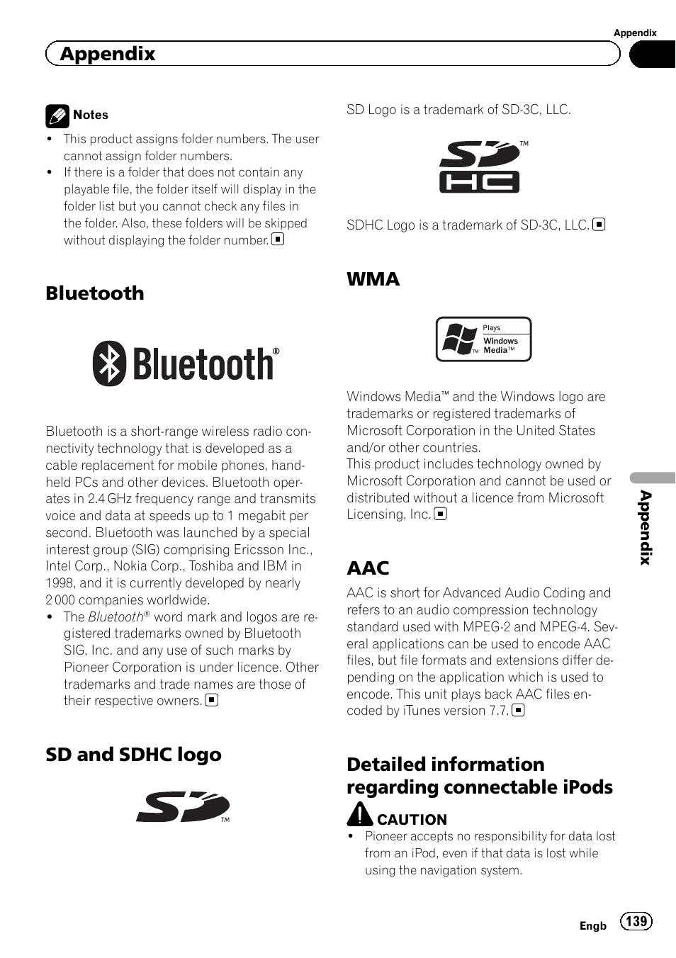 Bluetooth, Sd and sdhc logo, Detailed information regarding connectable | Ipods, Detailed information regarding connectable ipods, Appendix | Pioneer AVIC-F3210BT User Manual | Page 139 / 148