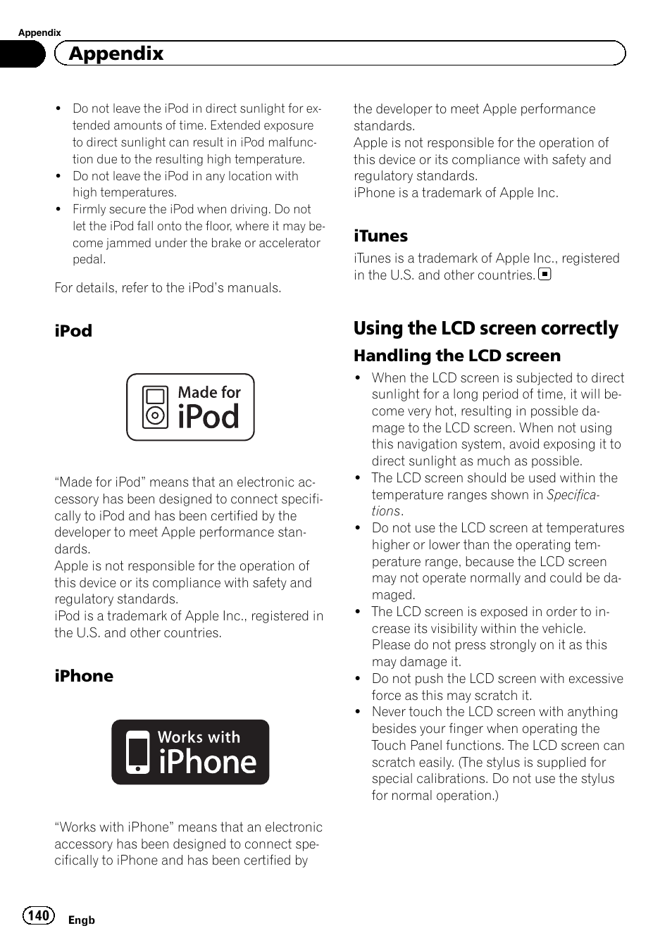 Ipod 140, Iphone 140, Itunes 140 | Using the lcd screen correctly, Handling the lcd screen 140, Appendix, Ipod, Iphone, Itunes, Handling the lcd screen | Pioneer AVIC-F3210BT User Manual | Page 140 / 148