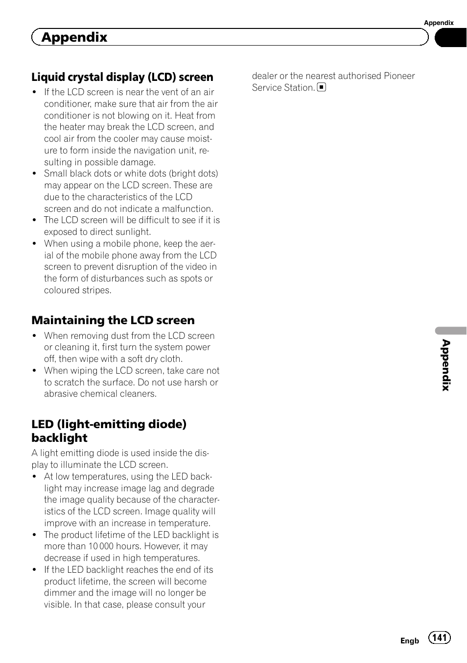 Liquid crystal display (lcd), Screen, Maintaining the lcd screen 141 | Led (light-emitting diode), Backlight, Appendix, Liquid crystal display (lcd) screen, Maintaining the lcd screen, Led (light-emitting diode) backlight | Pioneer AVIC-F3210BT User Manual | Page 141 / 148