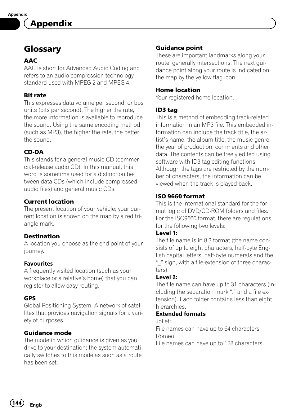 Glossary, Appendix | Pioneer AVIC-F3210BT User Manual | Page 144 / 148