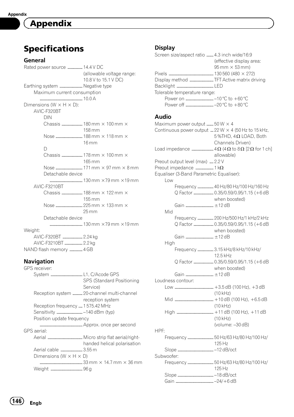 Specifications, Appendix, General | Navigation, Display, Audio | Pioneer AVIC-F3210BT User Manual | Page 146 / 148