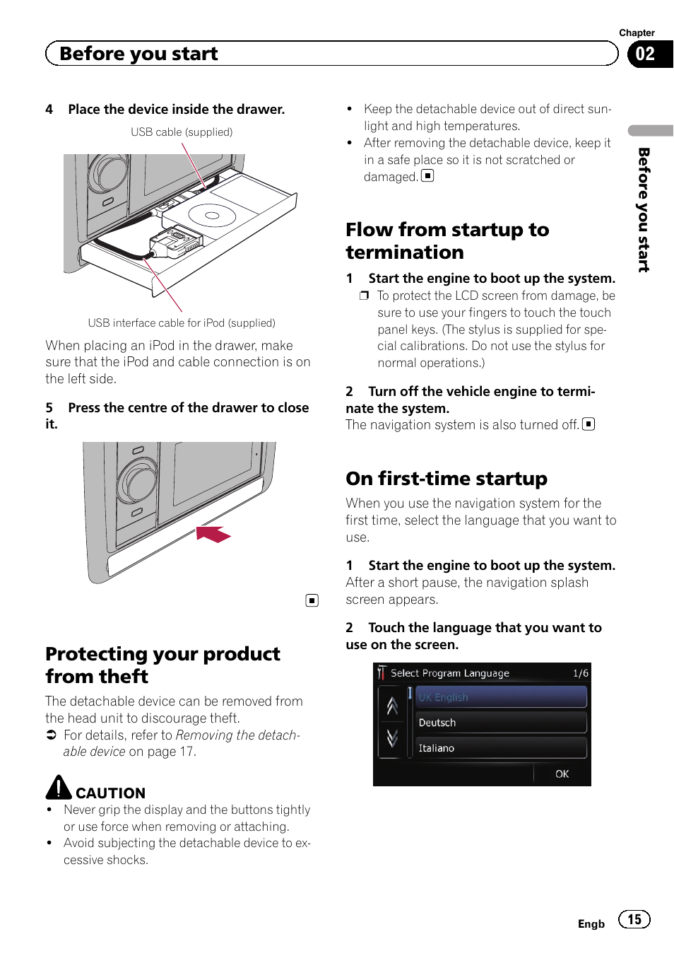 Protecting your product from theft, Flow from startup to termination, On first-time startup | Before you start | Pioneer AVIC-F3210BT User Manual | Page 15 / 148