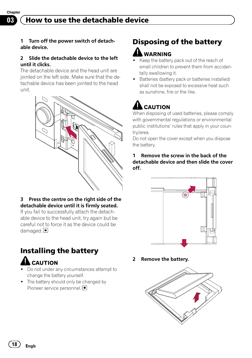 Installing the battery, Disposing of the battery, 03 how to use the detachable device | Pioneer AVIC-F3210BT User Manual | Page 18 / 148