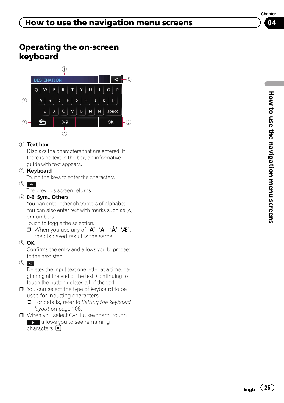 Operating the on-screen keyboard, How to use the navigation menu screens | Pioneer AVIC-F3210BT User Manual | Page 25 / 148