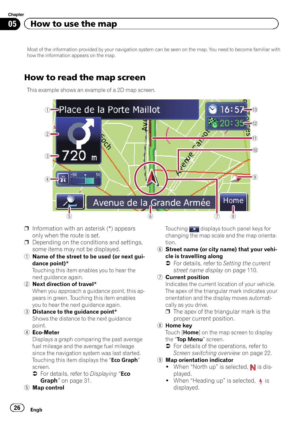 How to use the map how to read the map screen, How to read the map screen, 05 how to use the map | Pioneer AVIC-F3210BT User Manual | Page 26 / 148