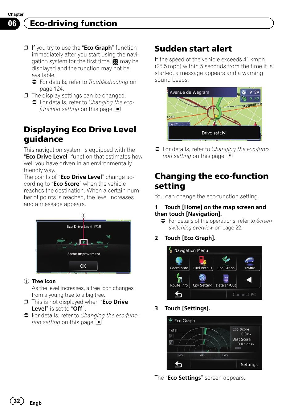 Displaying eco drive level guidance, Sudden start alert, Changing the eco-function setting | 06 eco-driving function | Pioneer AVIC-F3210BT User Manual | Page 32 / 148