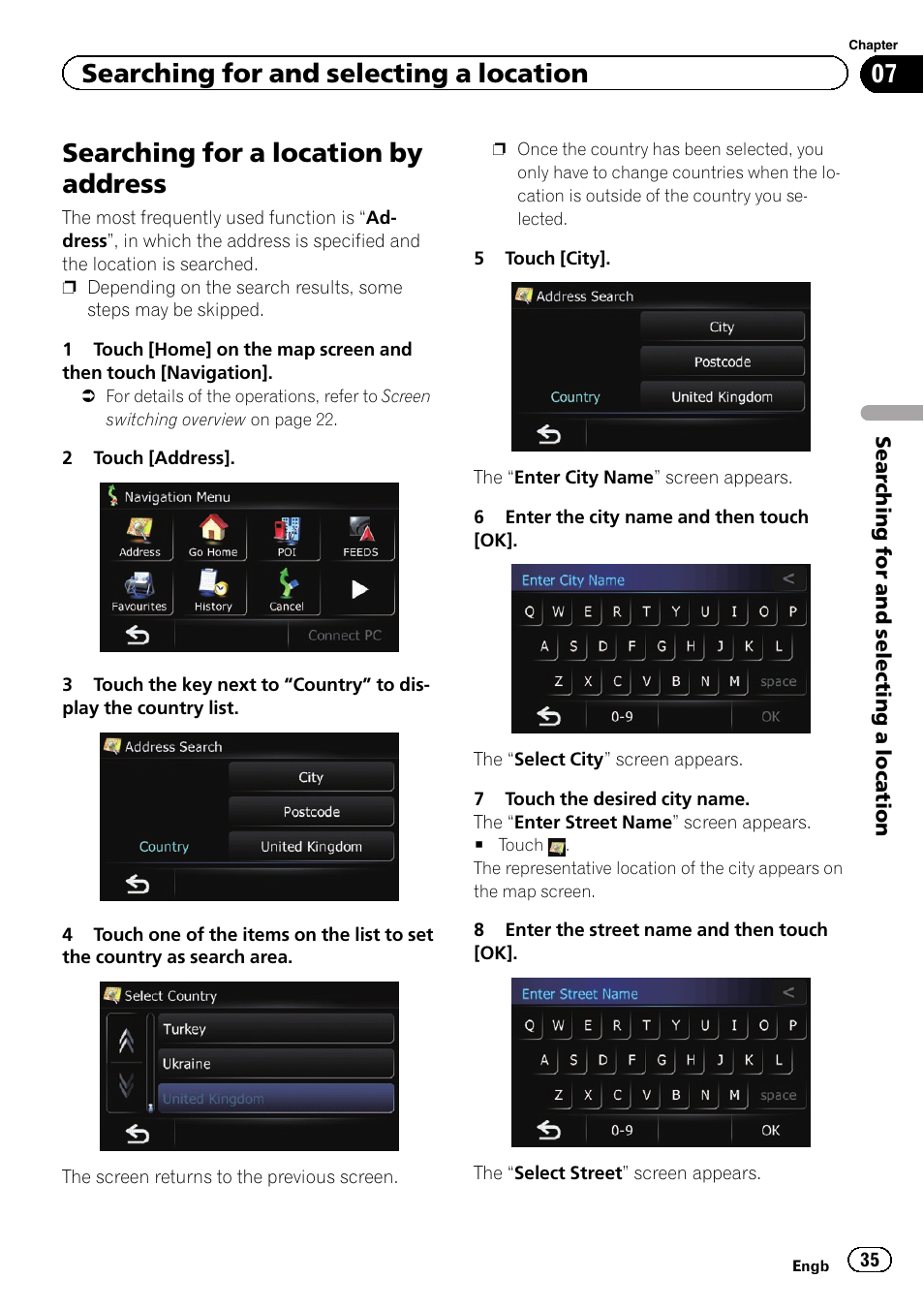 Searching for a location by address, Searching for and selecting a location | Pioneer AVIC-F3210BT User Manual | Page 35 / 148