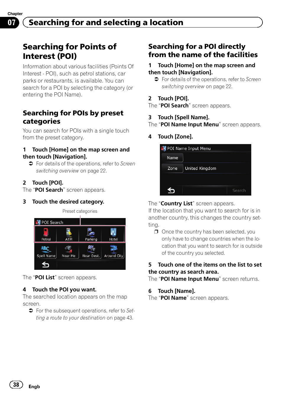 Searching for points of interest (poi), Searching for pois by preset, Categories | Searching for a poi directly from the, Name of the facilities, 07 searching for and selecting a location, Searching for pois by preset categories | Pioneer AVIC-F3210BT User Manual | Page 38 / 148