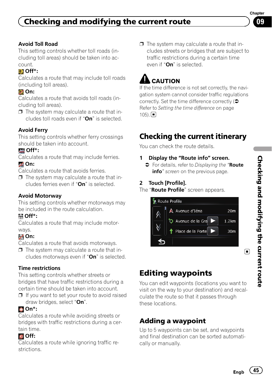 Checking the current itinerary, Editing waypoints, Adding a waypoint 45 | Checking the current, Editing waypoints on, Checking and modifying the current route, Adding a waypoint | Pioneer AVIC-F3210BT User Manual | Page 45 / 148