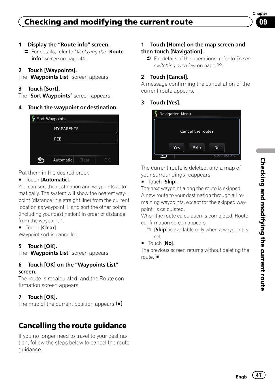 Cancelling the route guidance, Checking and modifying the current route | Pioneer AVIC-F3210BT User Manual | Page 47 / 148