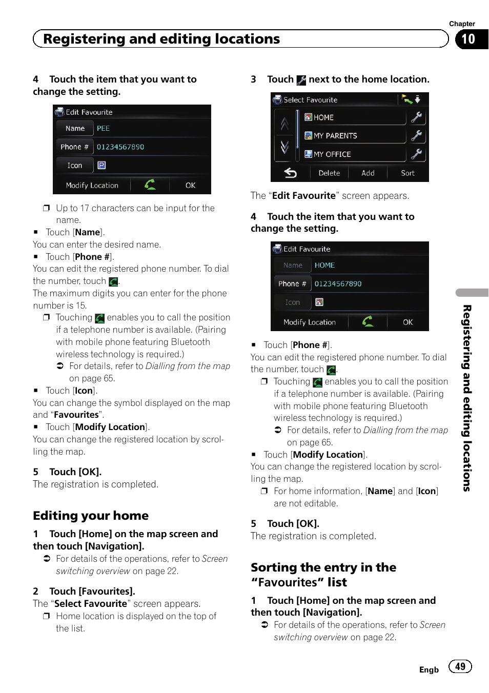 Editing your home 49, Sorting the entry in the “favourites, List | Registering and editing locations, Editing your home, Sorting the entry in the “favourites” list | Pioneer AVIC-F3210BT User Manual | Page 49 / 148