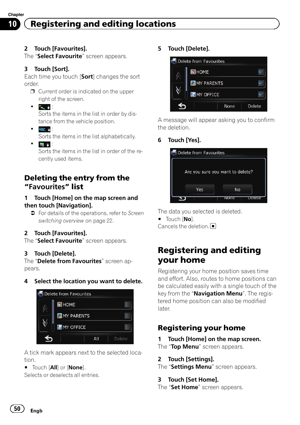 Deleting the entry from the “favourites, List, Registering and editing your home | Registering your home 50, Registering and edit, 10 registering and editing locations, Deleting the entry from the “favourites” list, Registering your home | Pioneer AVIC-F3210BT User Manual | Page 50 / 148