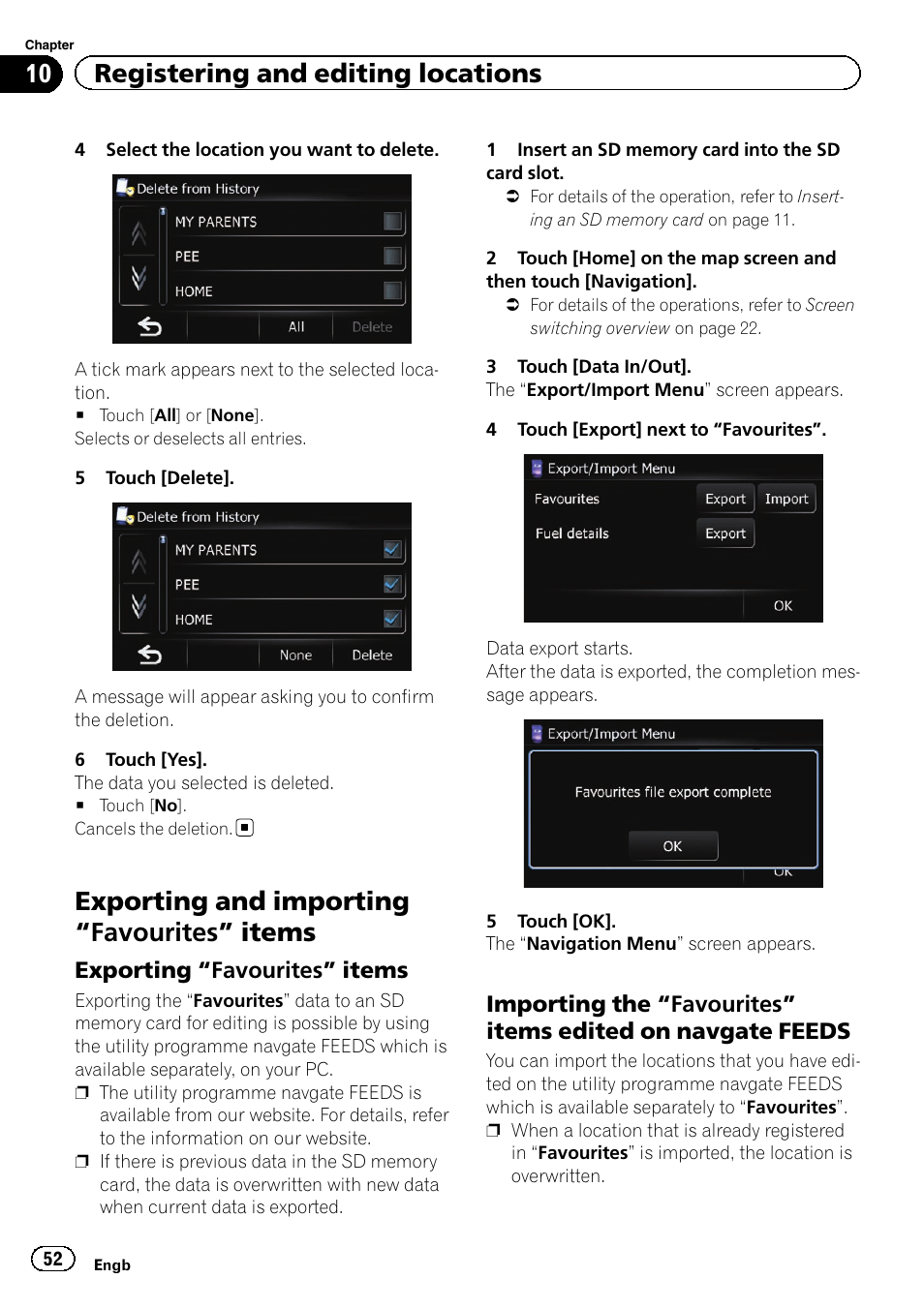 Exporting and importing, Favourites, Items | Exporting “favourites” items 52, Importing the “favourites” items edited, On navgate feeds, Exporting and importing “favourites” items, 10 registering and editing locations | Pioneer AVIC-F3210BT User Manual | Page 52 / 148